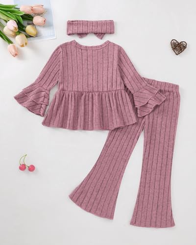 Image of SODLON Baby Girl Clothes Toddler Fall Winter Outfits Ruffle Long Sleeve Bow Top Flared Pants Set Bell Bottom Clothing 18M-5T