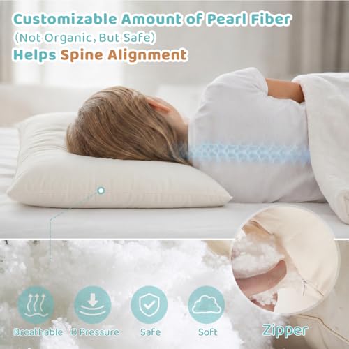Image of Adjustable Kids Pillow for Ages 4-12 with Organic Cotton Shell(2 Pack) | 16x22 Youth Pillow, CPSC and OEKO-TEX Certified, Hypoallergenic, Machine Washable, Bedroom, Preschool Nap, Camping