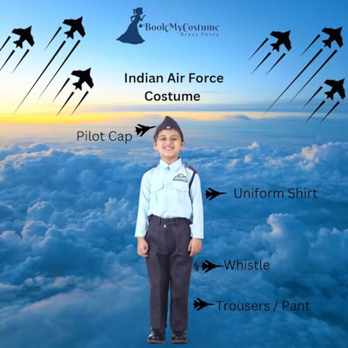 Image of BookMyCostume Indian Air Force Defence Pilot Uniform Kids Fancy Dress Costume - Blue 10-11 years