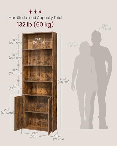 Image of VASAGLE Custos Collection - Bookshelf, 6-Tier Tall Bookcase, Book Shelf with Doors, Open Storage Shelf, 9.4 x 23.6 x 68.9 Inches, for Living Room, Home Office, Dining Room, Rustic Brown ULBC402K01