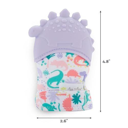Image of Itzy Ritzy Silicone Teething Mitt - Soothing Infant Teething Mitten with Adjustable Strap, Crinkle Sound & Textured Silicone to Soothe Sore & Swollen Gums - for Ages 3 Months & Up (Purple Dinosaur)