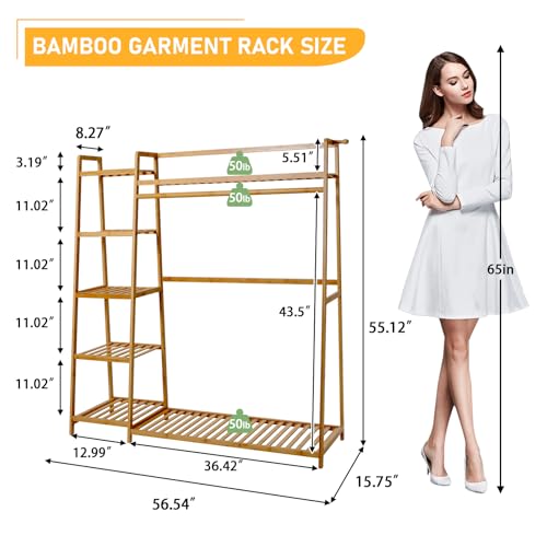 Bamboo Clothing Garment Rack 7 Tier Storage Shelf Coat Clothes Hanging Rack, Portable Wardrobe Closet Organizer With Top Shelf, Shoe Storage Shelves for Bedroom (Natural - 51.18 in) - Image 4