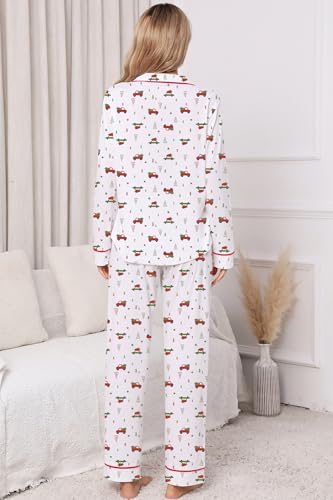Image of LUBOT Christmas Pajamas for Women 100% Cotton Pajama 2 Piece PJ Set Soft Long Sleeve Button Xmas Print Loungewear XS-XXL