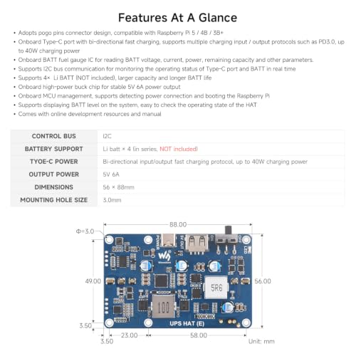 Waveshare UPS HAT (E), Compatible with Raspberry Pi 5/4B/3B+, Bi-Directional Fast Charging, 5V 6A Output, Pogo Pins Connector - Image 5