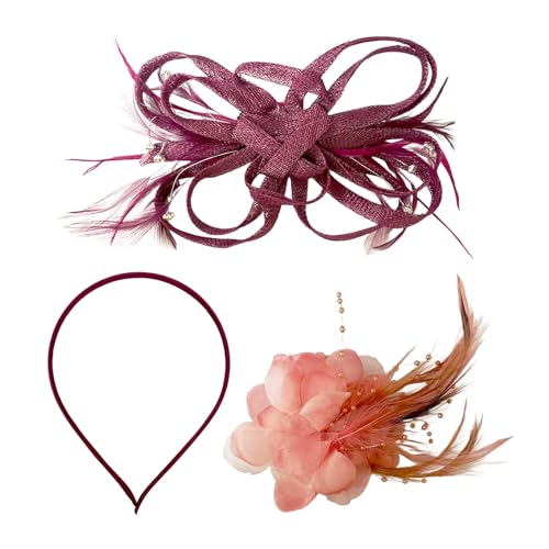 Diadema De Plumas Rojas Rosas De 1 Pieza Y Broche De Plumas De Champán De 1 Pieza, Tocado De Boda Para Mujer, Accesorios Para Cenas, Adecuado Para Ocasiones Especiales.