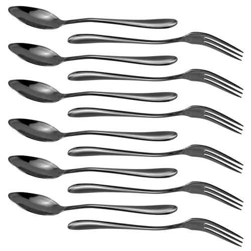 RETON Set di 12 forchette e cucchiai da dessert in acciaio inox, 3 denti, per torte, frutta, bistecca e cucchiaino, cucchiaini da caffè, per casa, matrimoni, feste, bar, ristoranti