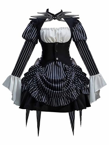 MEOWCOS Gothic A-line Dress Halloween Cosplay Costume Long Sleeve Skellington Goth Dress with Corset and Tie