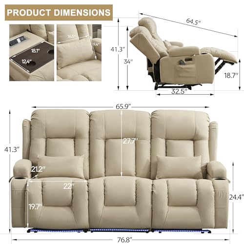 Image of URRED Wall Hugger Power Recliner Sofa with Massage and Heat,Beige
