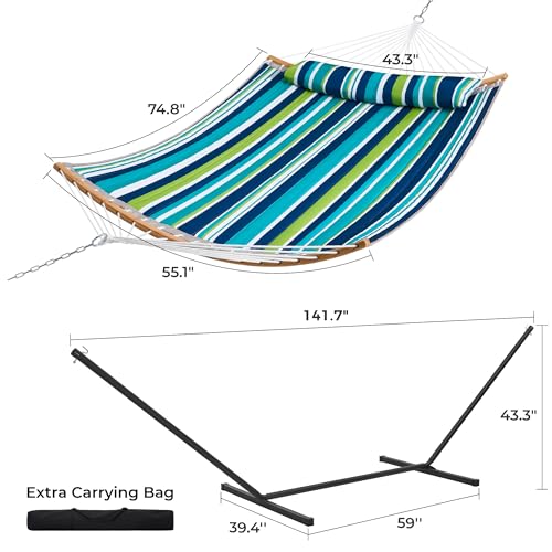 SUPERJARE Hammock with Stand, 2 Person Heavy Duty Hammock with Padded Cotton, Detachable Pillow & Strong Curved-Bar & Portable Carrying Bag, Perfect for Outdoor & Indoor - Dark Cyan by SUPERJARE - Image 8