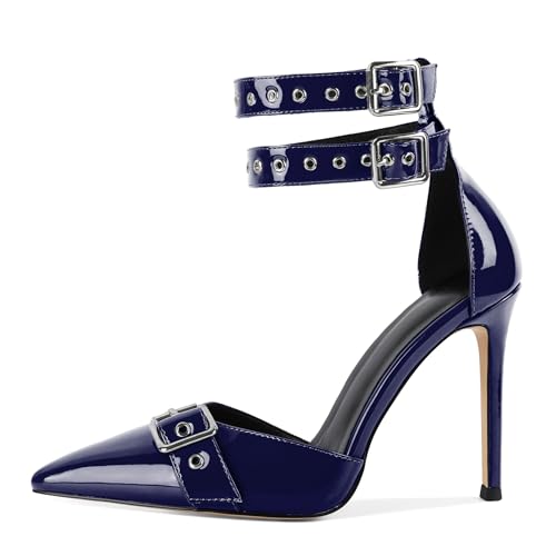 SAMMITOP Womens Pointed Toe D'Orsay Pumps Stilettos High Heel Ankle Strap Buckle Metal Eyelet Wedding Party Dress Shoes 4 Inch