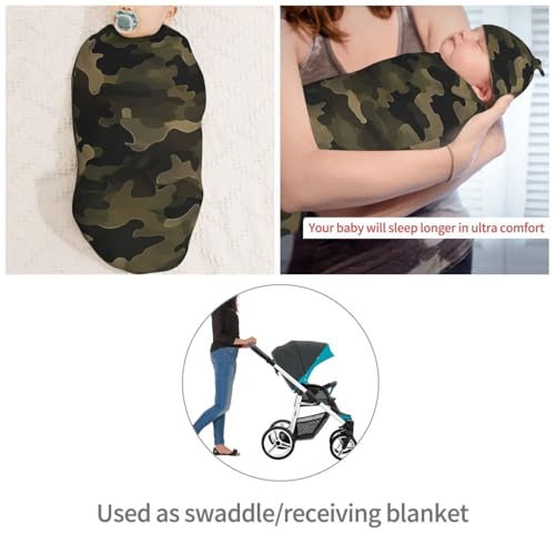 Image of Brown Green Camouflage Swaddle Blanket with Beanie Hat Set Newborn Receiving Blankets Baby Swaddle Wrap Soft Swaddle Blankets for Baby Boys and Girls
