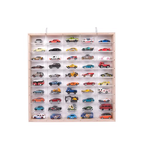 Rozitoys 50’li Ahşap Araba Rafı – Duvara Asılabilen Pleksi Raflı Koleksiyon Düzenleyici, 1/64 Ölçekli 51x6x52 cm