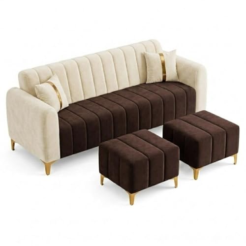 Image of FURNY Harmony 5 Seater L Shape Sofa Set with 2 Movable Ottoman & Golden Legs | Flexible Left or Right Layout | Plush Velvet Fabric (Dark Brown-Cream) | Perfect for Living Room, Guest Room & Office