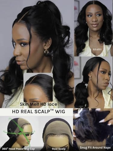 Image of KLAIYI HD Real Scalp Wig 13x4 Lace Frontal Human Hair Wig Loose Body Wave with Face Framing Curtain Bangs Pre Everything Glueless 3S Wear and Go Precut Lace Pre Plucked Pre Bleached 180%Density 26Inch