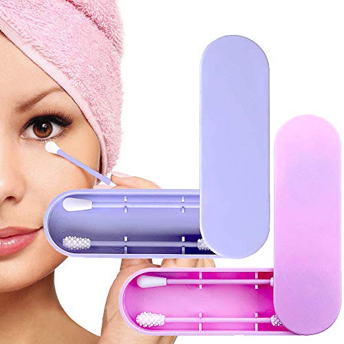 Preisvergleich Produktbild 2 PCS Wiederverwendbarer Wattestäbchen, Doppelseitige Umweltfreundliche Silikon-Wattestäbchen Ohrreinigungs-Picks Cosmetic Bud Stick mit Aufbewahrungskoffer (Lila+Rosa)