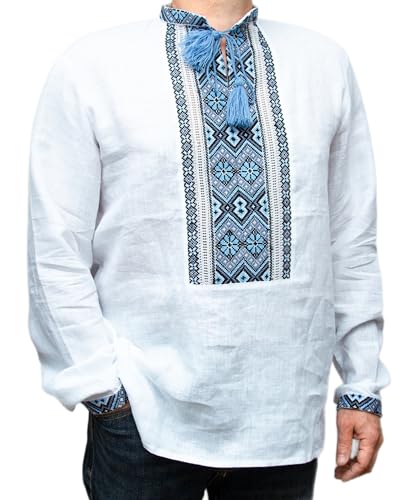 Vyshyvanka Men's Ukrainian Linen Hand Cross-Stitched Embroidery White Blue Gray Embroidery