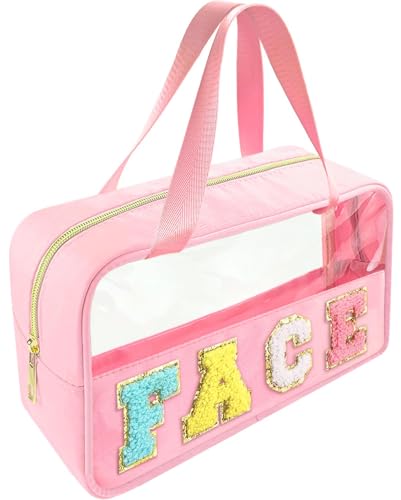 Bunliuys Chenille Letter Clear Makeup Bag Face Patch Travel Toiletry Makeup Bag with Handle Nylon Waterproof Makeup Bags clear cosmetic bag preppy patch makeup bag for Women (FACE-Pink)