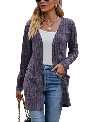 Image of Famulily Ladies Long Cardigans with Pockets for Women Cosy Loose Open Front Sweater Jumper Coat (M, Pueple) Purple
