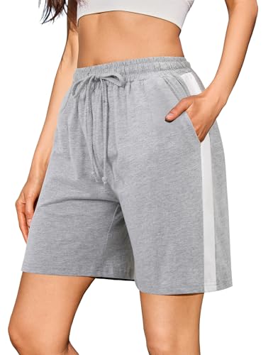 Litherday Pantalones Cortos Mujer Algodón Verano Deportivos con Bolsillos y Cordón Ajustable para Yoga Fitness Running Gimnasio, Gris Claro, L