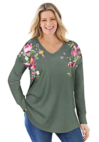 Woman Within Plus Size Waffle Thermal V-Neck Tee - 22/24 Pine Flower Embroidery