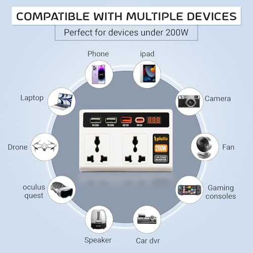 Image of 200W Car Power Inverter, Car Laptop Charger with 2 AC Outlets (220V), 3 USB-A & 1 USB-C PD 18W Fast Charging Ports, 12V DC to 220V AC Adapter for Laptops, Phones & Tablets - White Body