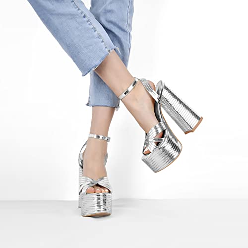 Onlymaker Women's Summer Round Open Toe Ankle Strap Sandals Ribbed Side Buckle Metallic Platform Heeled Sandals Silver Size 6 #TOP6
