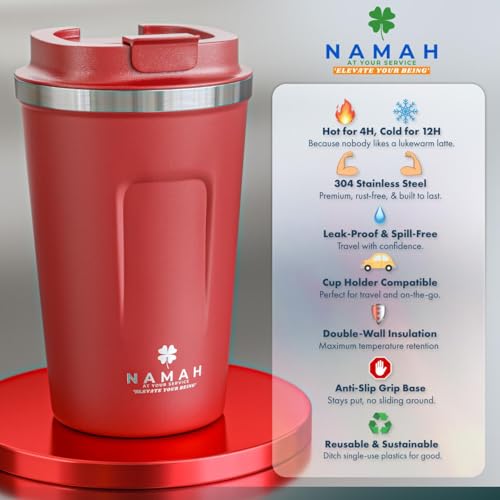 Image of Namah Insulated Coffee Travel Mug 380 ml with Lid, Leak Proof Stainless Steel Thermosteel Vacuum Insulated Mug, Hot & Cold Reusable Coffee Mug for Office, Car Cup Holder Friendly