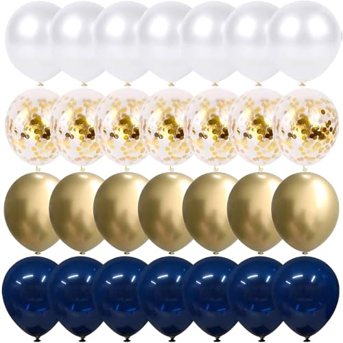 Navy Blue and Gold Confetti Balloons 50 pcs 12 inch Pearl White and Gold Metallic Chrome Birthday Balloons for Celebration Graduation Party Balloons