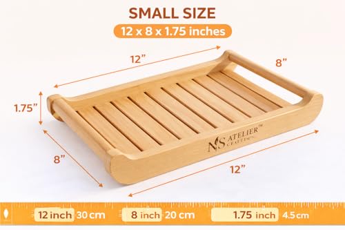 Image of Natural Pine Wood Serving Tray with Handles 12 x 8 Inches Natural Wax Polished Wooden Tray Strong, Easy to Clean Small Serving Tray (30.5 X 21 X 4.5 Cm)