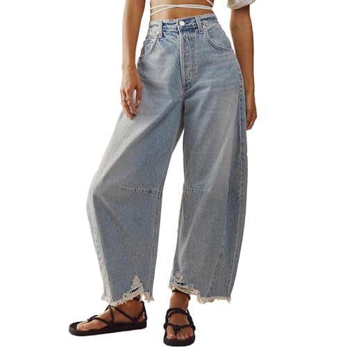 HOTIAN Womens Barrel Jeans Wide Leg Mid Waist Horseshoe Jeans Y2k Baggy Denim Pants with Pockets