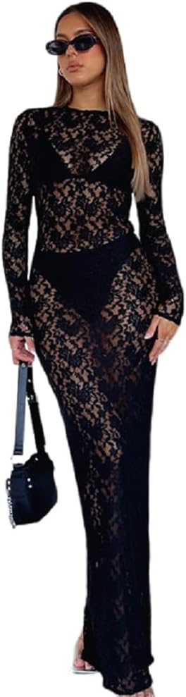 Suillty Women’s Elegant Floral Lace Long Sleeve Maxi Dress MeshSee Through Bodycon Y2K Party Club Outfit