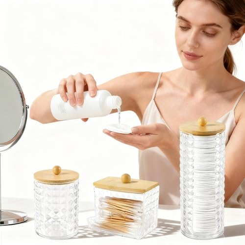 Hwtcjx 3 Stück Wattestäbchen Halter, Wattepad-Halter, Wattepads Aufbewahrung, Wattestäbchen Behälter mit Holzbezug, Wattepadspender, für Wohnzimmer, Schlafzimmer, Badezimmer 5