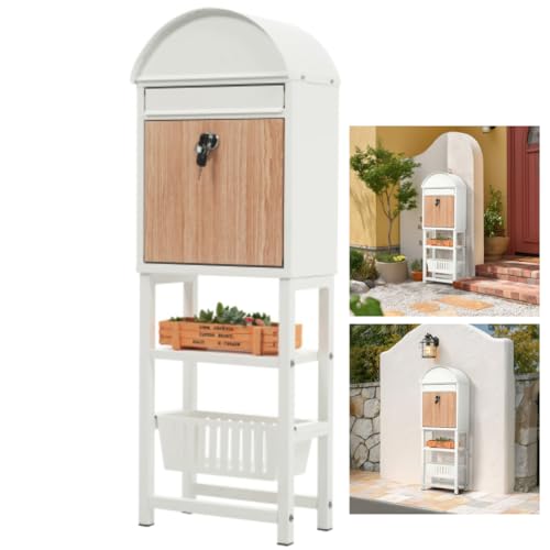 LZ LEISURE ZONE ポスト 置き型 スタンド ハイタイプ 一戸建て用 A4サイズ対応 投函口約23.5X2.5CM かご付き 鍵付き 棚付き/傘立て 屋外 防水防潮防錆メ一ル便/郵便受け スタンドポスト 宅配ボックス メールボックス A4対応