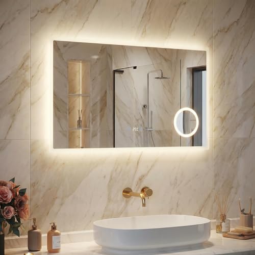SIRHONA Miroir de Salle de Bain avec Éclairage, Affichage Numérique Écran LED, Miroir avec Une Loupe 3X, Anti-buée, 3 Températures de Couleur, Dimmable,...