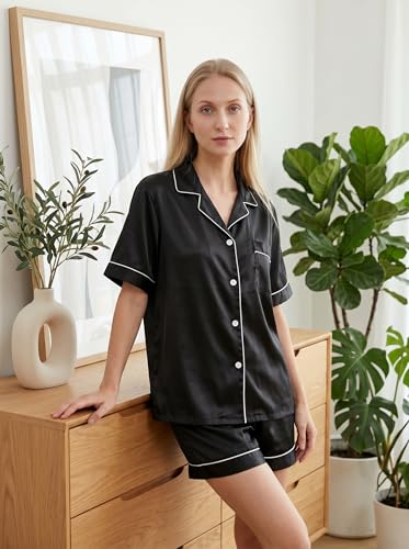 Image of Jecery 2 Piece Summer Pajamas for Women Man Soft Couples Matching Pjs Short Satin Button Down Sleepwear for Bride Groom Gift