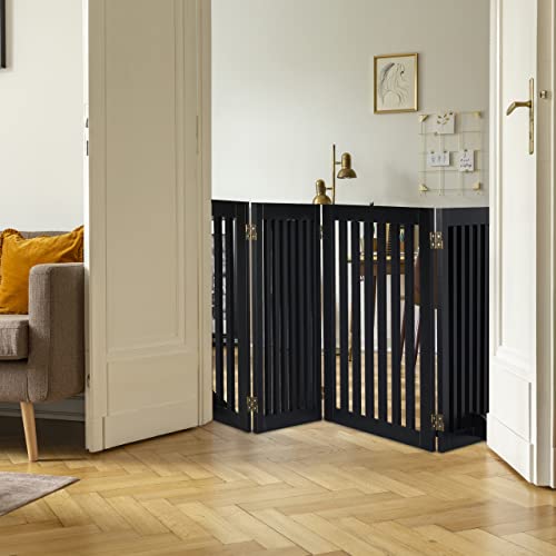 Relaxdays Absperrgitter, HxB: 92 x 206,5 cm, 4 Panel, faltbar, mit Füßen, verstellbares Hunde Schutzgitter, MDF, schwarz
