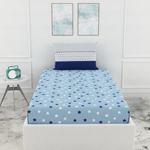 Image of LORETO - A QUALITY LINEN BRAND 144 TC 100% Pure Cotton Single Fitted Bedsheet with 1 Pillow Cover for 72 x 36 Inch Mattress, All-Around Elastic, 8 Inch Deep Pocket, Nile Blue Stars