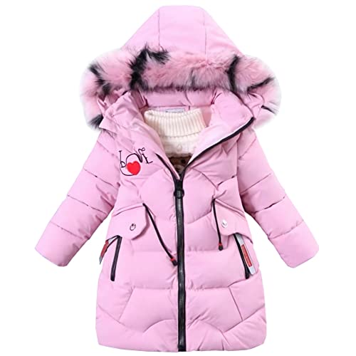 LSERVER Veste Fille avec Fourrure Col Capuche Coupe-vent Chaude Doudoune Mode Brodée Manteau Enfants Longs Epais Hiver Vêtements pour Âge 5-14 Ans, Rose, 130 Cover