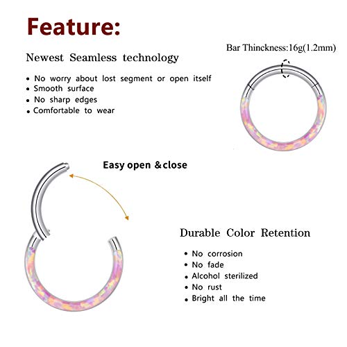 Cicimoto Nose Ring 16G Opal Septum Ring 316L Surgical Steel Daith Earrings Hinged Segment Septum Clicker Tragus Helix Rook Piercing Jewelry For Women Girls-8Mm&White-P #TOP4