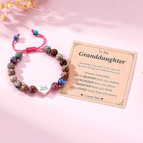 Image of Granddaughter Daughter Gifts -Heart Natural Stone Beaded Bracelet for Girls, Valentines Birthday Gifts for Girls Daughter Granddaughter