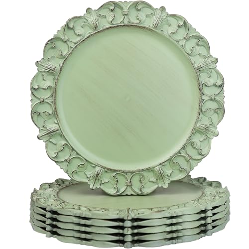 Leemxiiny Green Charger Plates Set of 6, Decorative Table Plastic Chargers for Dinner Plates, Party, Wedding, Thanksgiving, Christmas, FD2GR
