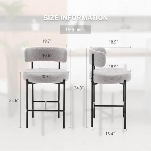 Image of Cinxzar Boucle Bar Stools Set of 4, Grey Counter Height Bar Stools with Backs, Modern Barstools for Kitchen Island, Pub, Club