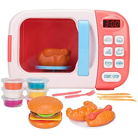 Christoy Microwave Kitchen Play Set with Light Sound for Kids with Pretend Fake Food and 6 Color DIY Play-Dough Clay Great for Toddlers 3 and Older Grils and Boys (Pink) Cover