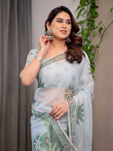 Image of ALMAARI FASHIONWomen's Floral Printed Organza Saree with Unstitched Blouse Piece | Traditional Ethnic Wear Sarees | Soft Lightweight Ethnic Office Wear Daily Wear Indian Sari (ORGANZA 121-130 H)