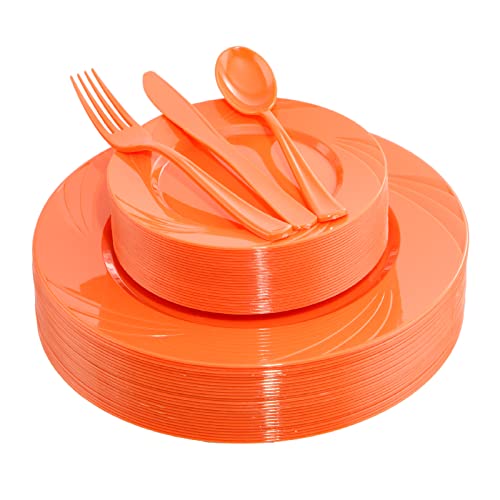 Youbet 125Pieces Orange Plastic Plates-Orange Plastic Silverware-Include 25 Dinner Plates 25 Dessert Plates 25 Forks 25 Knives 25 Spoons-Perfect For Parties #TOP23