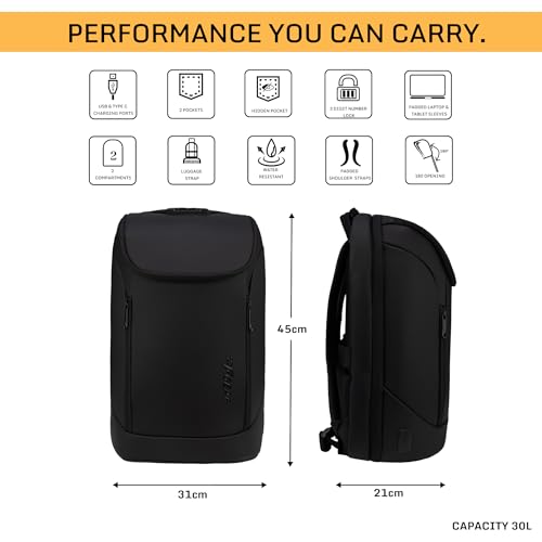 Image of F Gear Spark 30L Premium Anti-Theft Black Tech Laptop Backpack with USB & Type-C Ports|2 Compartments, 2 Pockets & 1 Hidden Pocket|180 Opening, Number Lock|Fits 17 Inch Laptop|Men & Women