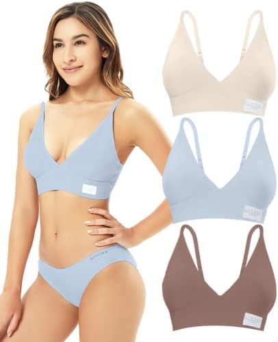 Livona 3 Pack Comfort Bra for Women- Padded Sports Bralette, Sexy V-Neck Wireless Everyday Bra, Crop Cami Plunge Bra S-XXL