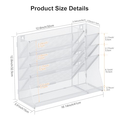 TQVAI 5 Fächer Metall Zeitschriftenhalter Wand Dokumenten Organizer mit 3 Stiftehalter A4 Papier Flyerhalter Postsortierer Dokumentenablage für Büro Zuhause Schule, Weiß