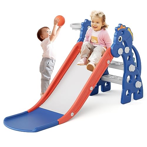 Image of 67i Toddler Slide for Indoor & Outdoor Play with Basketball Hoop, Anti-Slip Steps, 46.8in Baby Climber (Blue)