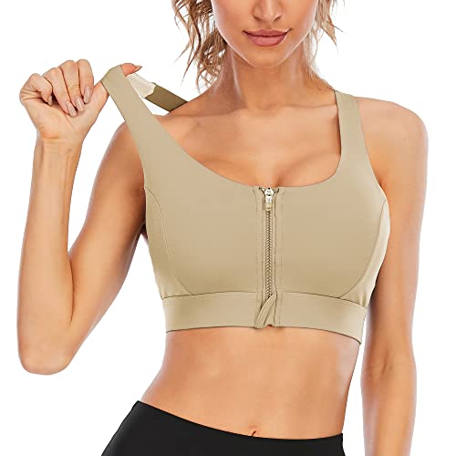 Image of Cordaw Zipper in Front Sports Bra High Impact Strappy Back Support Workout Top